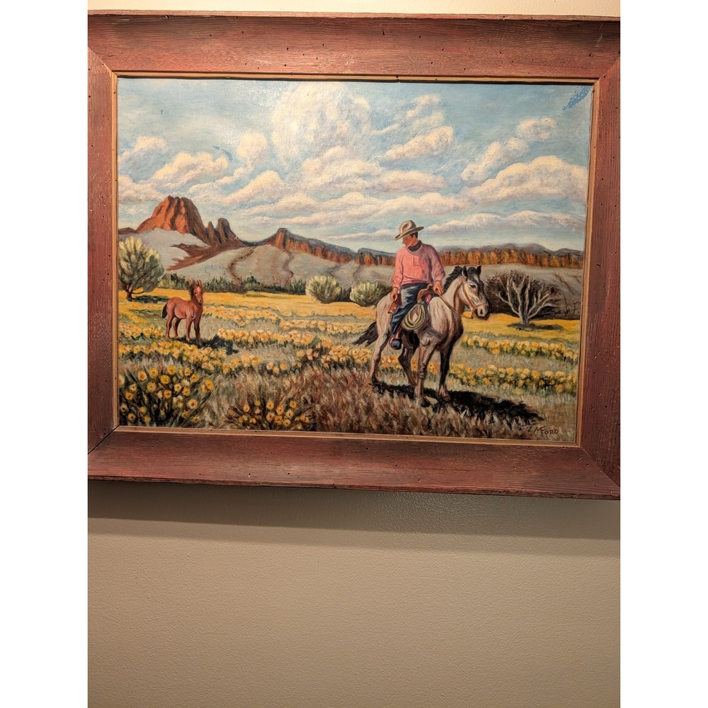 Oil Painting of Cowboy on Horse with Colt Following Mountains 28x35 Canvas Ford